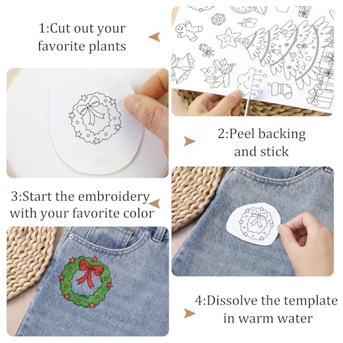 Christmas Water Soluble Embroidery Patterns, 4 Sheets Xmas Tree Stick and Stitch Embroidery Transfers Paper, Water Soluble Hand Sewing Stabilizer, Customized Gift for Hand Sewing Lover Beginners - size: Christmas