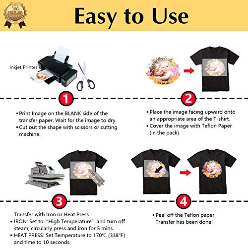 TransOurDream Heat Transfer Paper for Dark Fabric (100 Sheets, 8.5x11) Printable Heat Transfer Vinyl for T-Shirts Iron on Transfers for Inkjet Printer - color: Dark, size: 100 Sheets