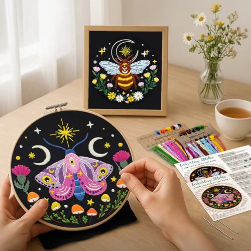 Nuberlic 3 Pack Embroidery Kit for Beginners, Moth and Bee Patterns - color: Moth and Bee