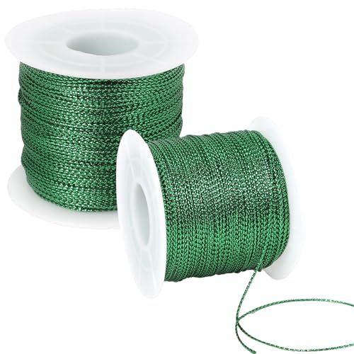 Metallic Cord 218 Yards 1mm Green String Twine Metallic Tinsel Thin Ribbon Rope Green Thread String for Crafts Bracelet Necklace Jewelry Making Gift Wrapping Christmas Ornaments Hanging Decor 2 Roll - style: green
