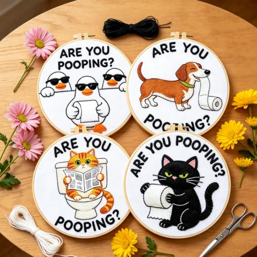 BEUNITONE 4 Pack Beginner Embroidery Kit for Adults, Funny Animal Pre-Stamped Pattern Needlepoint Kits with Hoop, Tools & Instruction, 7.9"x7.9" Hand Embroidery Kits for Fabric and Home Decor - style: D-Are You Pooping