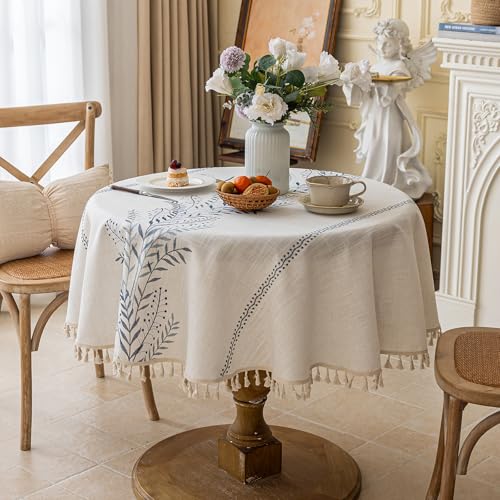 Joyfol Day Rustic Waterproof Linen Round Tablecloth, Heavy Weight Fern Embroidery Table Cloths for Round Tables, Farmhouse Spill-Proof Table Covers with Tassels, Blue, 55 inch - color: Blue Fern, size: 55" (Round)