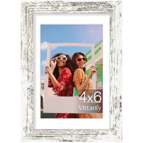 Vittanly 4x6 picture frame, Matted for 3.5x5 Photos, Distressed White - color: Distressed White, size: 4x6