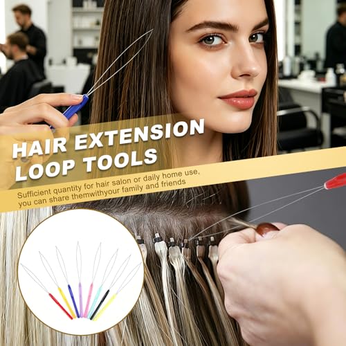 16pcs Hair Extension Loop Needle Threader - 8 Color Plastic Threader Tool for Embroidery, Craft, Quilting, Knitting, Feather Extensions, DIY Craft, Micro Rings, Tufting Gun, Braiding Tools