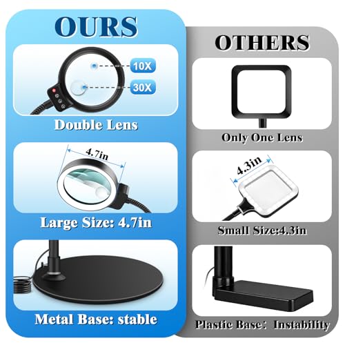 10X 30X Magnifying Glass with Light and Stand, LED Desk Lamp for Close Work - color: Black