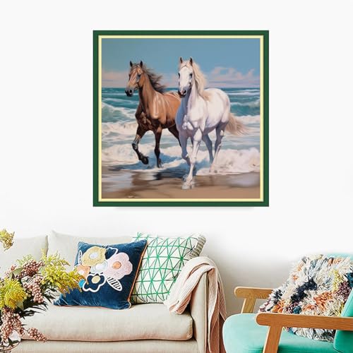 Foxdiviy Stamped Cross Stitch Kits Full Range of Embroidery Needlework Starter Kits for Beginners Adults 11CT Embroidery Patterns Art Crafts DIY Needlepoint Kits-Seaside Steed 18x18 inch - color: Stamped Set 03