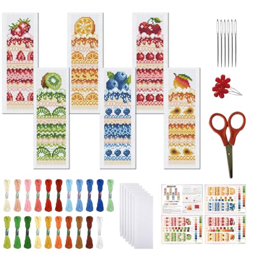 FREEBLOSS 6pcs Fruit Cake Cross Stitch Bookmark Kit 11CT Stamped Cross Stitch Kit DIY Embroidery Bookmarks Set with Felts Backing Instructions for Adult Beginners 8"x2.4" - style: Cake cutting surface