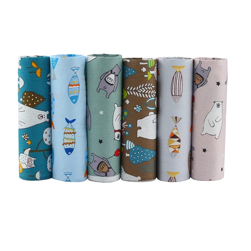 AMORNPHAN Bear and Fish Animals Cartoon Printed 100% Cotton Quilting Bundles Fabric for Patchwork Needlework DIY Sewing Crafting Precut Face Mask 16x20 Inches (40x50cm.) Set of 6 Pieces (Bear&Fish) - color: Bear&fish