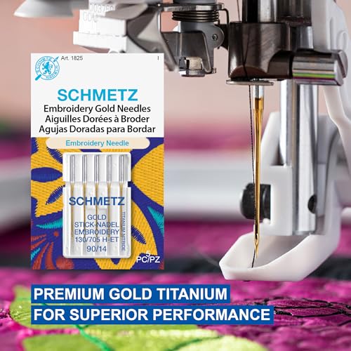 SCHMETZ Gold Embroidery Sewing Machine Needles - Titanium Coated for Smooth Stitching, Size 90/14, 5-Needle Cards, Pack of 1 - size: 90/14
