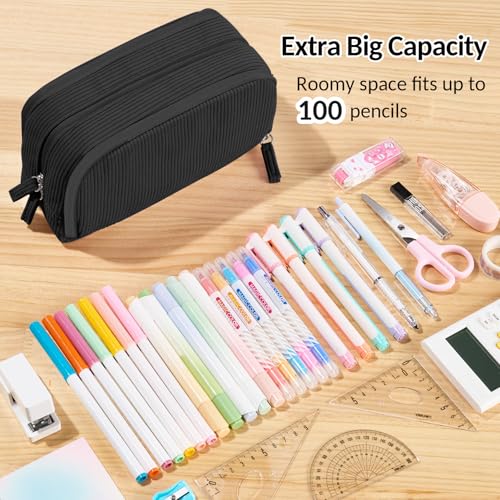 Sooez Big Capacity Pencil Case Pen Pouch, Soft Corduroy Pencil Bag - color: Black