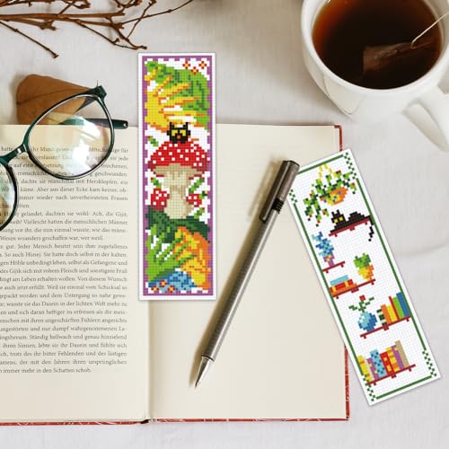 INFUNLY 6pcs DIY Cross Stitch Bookmark Kit Plant Stamped Embroidery Bookmark Kits Instruction Included 8.7x3.1 Black Cat Easy Cross Stitch Kits for Adults Beginners Book Needlepoint Bookmark Kit - style: Plant Book