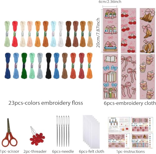 KYOQFVN 6 Pcs Pink Cross Stitch Bookmark Kit for Beginner, 14 CT Bow Stamped Cross Stitch Kits, Stamped Embroidery Bookmark Kit with Instructions Hand Craft - color: SQSZX-007-US