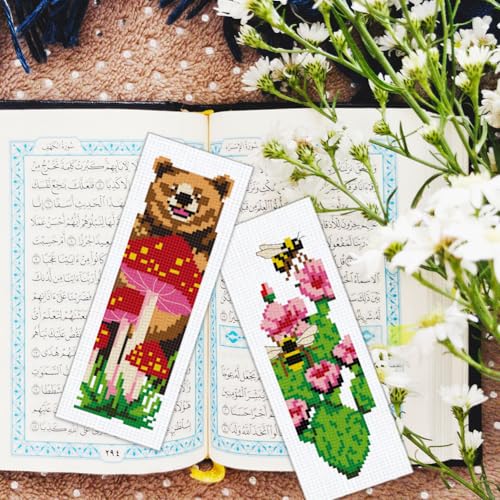BEUNITONE 6 PCS Cross Stitch Bookmark Kit for Adults Beginners,Animal and Floral Pre-Printed Cross Stitch,DIY Stamped Embroidery Bookmark Kits,with Instructions,Craft Kit for Book Lovers 8.5''x3'' - style: Animals And Flower Plants