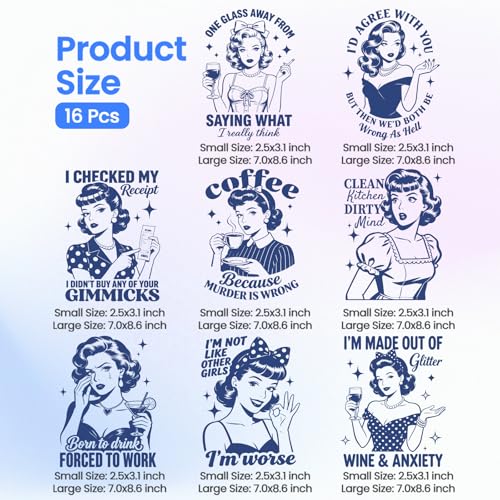 ANATTASOUL Retro Housewife 16PCS Heat Transfers Ready to Press for T-Shirts - style: Retro Housewife