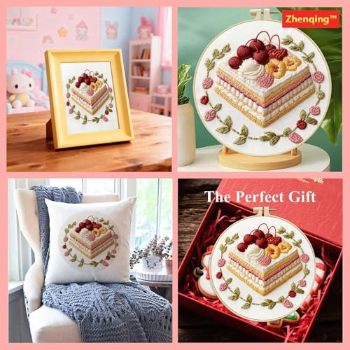 Zhenqing Cherry Mille Crepe Cake Embroidery Kit for Beginners, Pre-Printed 29x29cm Fabric with 20cm Hoop & Threads, Floral Cake Design for Home Decor(C0178)