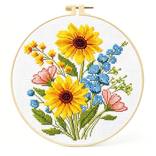 Zhenqing Sunflower Bouquet Cross Stitch Kit for Beginners - Complete Set with Pre-Printed 11CT 24x24cm Fabric, Hoop & Threads(65637) - color: 65637