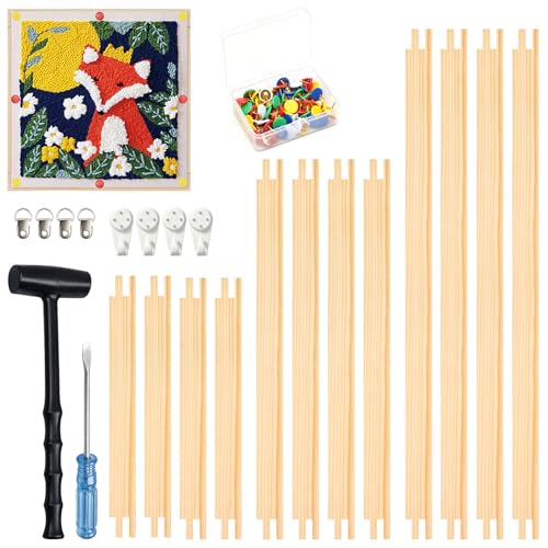 keepxaus 12 Pcs Needlepoint Stretcher Bars – Wooden Bars for Needlework, 3 Sizes 8/12/16 Inch Frame with 100 Tacks, Hooks, Hammer & Flathead Screwdriver for Cross Stitch, Embroidery & Canvas Crafts
