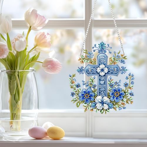 NAIMOER Cross Flowers Diamond Art Hanging Kits for Adults, 5D Special Shaped Rhinestone, DIY Acrylic Spring Diamond Art Painting Window Pendants Home Garden Wall Hanging Ornament Kits, Double Sided - color: Easter 10