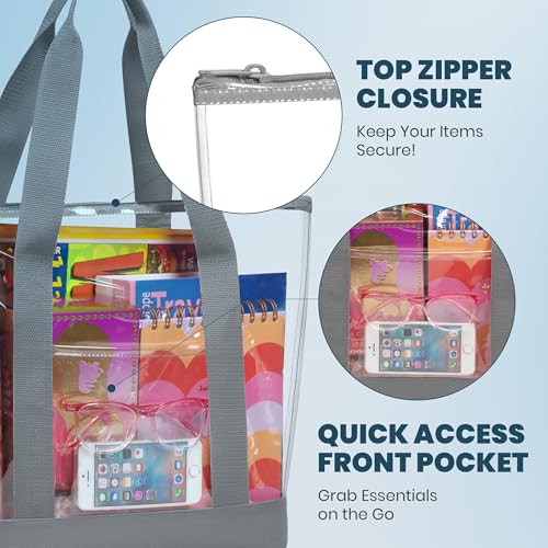 Handy Laundry Clear Tote Bag - Zipper Closure, Long Shoulder Strap, Fabric Trimming. - color: Grey