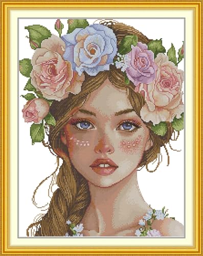 CrossNest 16CT Stamped Cross Stitch Kit for Beginners, HD Printed Complete DIY Embroidery Set with Pattern & Tools, Premium Aida Cloth & Threads (The Girl Wearing a Flower Wreath) - color: Pattern 06(High definition printing)