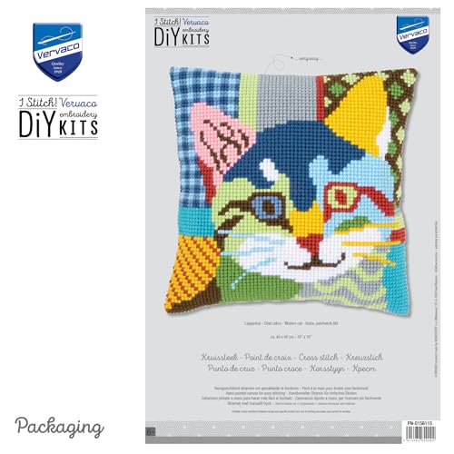Vervaco Cross Stitch Cushion Kit Modern Cat 16" x 16" - size: 40.0 x 40.0 x 0,3 cm