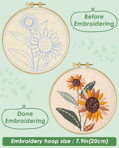 ERKOON Punch Needle Kit Beginners Adults, DIY Easy Flower Embroidery Set for Starter Art Craft, Needling Punching Project with Patterns, Tools, Yarns, Hoop, Instruction (Sunflowers) - color: Sunflowers