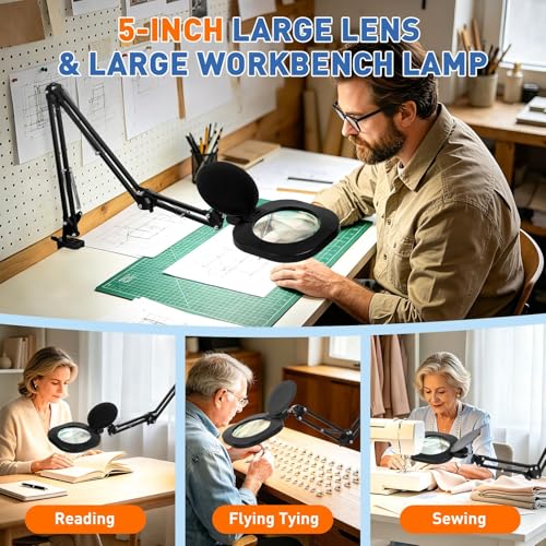 HITTI 2200 Lumens 15X Magnifying Glass with Light and Clamp, 5-Inch Glass - size: 15X 5Inch Large Glass