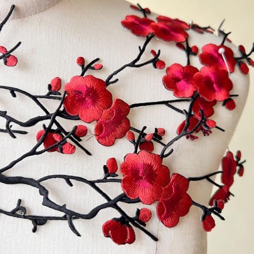 2pcs Iron on Plum Flower Applique Red Color Embroidery Vine of Floral for Clothing,Costumes - color: Red