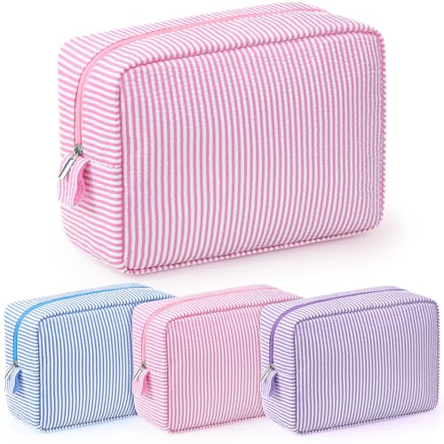 Sanwuta 3 Pcs Seersucker Makeup Bags, Pink, Light Blue, Purple - color: Pink, Light Blue, Purple
