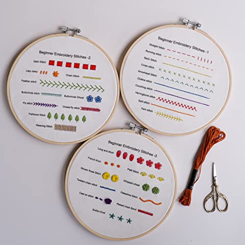 Bonroy Beginners Embroidery Practice kit 3 Sets to Learn 30 Different Stitches for Craft Lover Hand Stitch with Embroidery Fabric with Skill Techniques - color: Learning Stitches