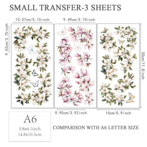 OLYCRAFT 3pcs/Set Magnolia Rub on Transfers for Furniture and Crafts 6x12 inch Flower Corner Furniture Decals Butterfly Transfer Stickers Rub on Decals for Wood Furnitures Home Decor - style: Magnolia Border