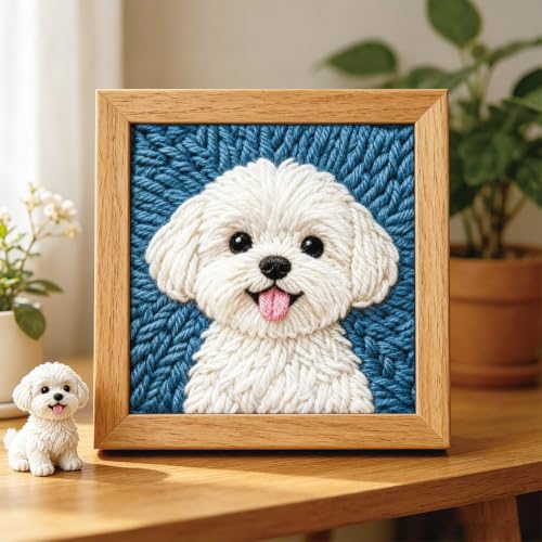 BEUNITONE Punch Needle Kit with Frame for Adults Beginners, Cute Bichon Frise Needlepoint Crafts Kit for Adults, Complete Embroidery Starter Kits with Pre-Print Pattern for Gift Home Decor 9.4"x9.4" - color: 11-Bichon Frise