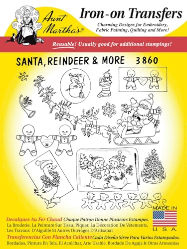 Aunt Martha's Iron On Embroidery Pattern Santa, Reindeer & More #3860
