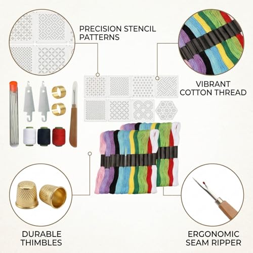 Ujukoxc 66-Piece Embroidery Set for Traditional Japanese Stitching, Sashiko Kit with Sashiko Thread and Sashiko Stencil,Includes Sashiko Needles and Sashiko Template for Fabric Art Projects