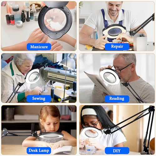 15X Magnifying Glass Desk Lamp with Clamp, Real Glass Lens, 84 LEDs, 5 Color Modes Dimmable, Led Lamp Magnifier with Dust Cover, USB Charger, Clean Cloth, Ideal Gift for Seniors, Crafters, Hobbyists