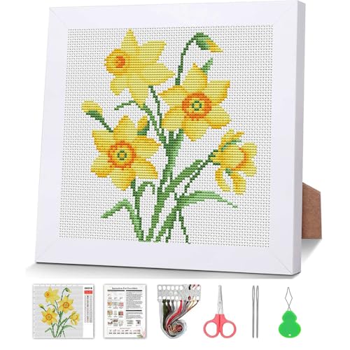 Daffodil Stamped Cross Stitch Kits for Adult Beginner with Wooden Frame - color: Daffodils Cross Stitch with Framed