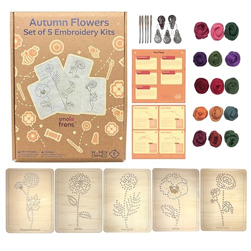 Wooden Flower Lacing Embroidery Kits for Beginners, Set of 5 Learn-to-Stitch Craft Boards, Sewing & Embroidery Art Kits for Kids Ages 8+, DIY Craft Projects, Educational Gifts, Party Favors (Autumn) - style: Autumn