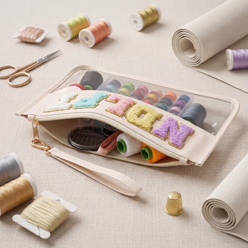 Klyyo Clyro Needlepoint Project Bag Clear Embroidery Sewing Bag Sewing Craft Organizer Storage Chenille Letter Zipper Pouch for Quilting Embroidery Knitting Stitching Cross Stitch Crochet(Cream) - color: Cream