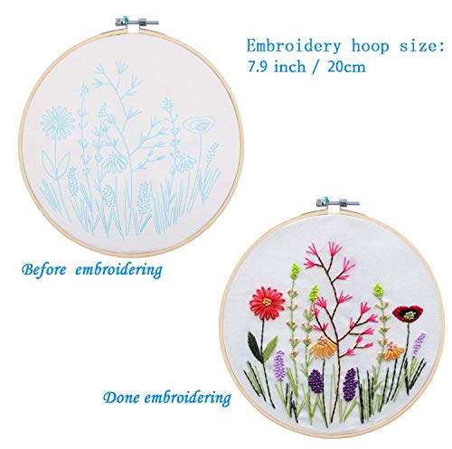 KISSBUTY Full Range of Embroidery Starter Kit with Pattern, Cross Stitch Kit Including Embroidery Fabric with Floral Pattern, Bamboo Embroidery Hoop, Color Threads and Tools Kit (Flower Grass)