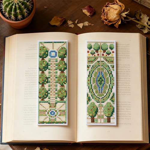 INFUNLY 6PCS DIY Garden Cross Stitch Bookmark Kits 3×8.5inch Fountain Stamped Embroidery Page Marker Kits Plant Needlepoint Bookmark Kit with Pre-Printed Pattern for Book Lovers Readers - style: Garden