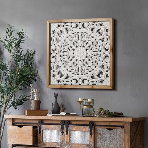 XIAOAIKA Boho Carved Wood Wall Art Panel, Floral Mandala, Distressed White - color: White - 4