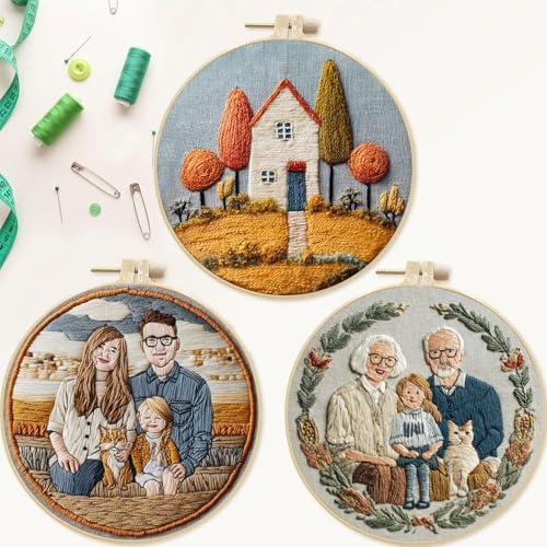 SCECALA 4 Pack Funny Family Themed Hand Embroidery Kit for Beginners - color: Blue and Orange