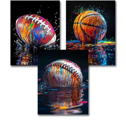 3 Pack Graffiti Ball Sports Stamped Cross Stitch Kits for Adults Beginners - color: Rugby, Basketball, Baseball