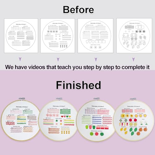Sutesloly Embroidery Kit for Beginners Adults, 4 Sets Learn to Floral Patterns Simple Starter kit for Beginners, Easy Practice Kit, 7.8inch Hoop, Hand DIY Craft for Women，Purple - color: purple