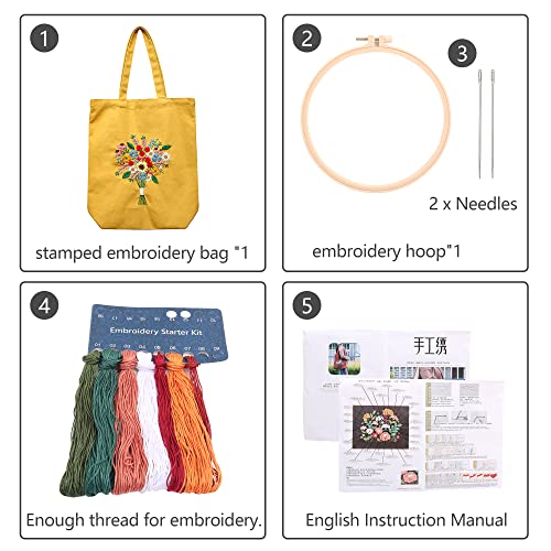 MAMUNU Canvas Tote Bag Embroidery Kit with Pattern for Beginners, Arts and DIY Crafts Kits for Adults, Include Instructions Embroidery Bag, Embroidery Hoops, Color Threads and Tool (Yellow) - color: Yellow