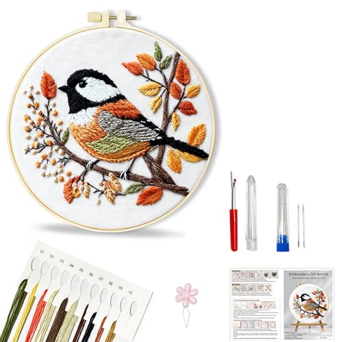 Huacan Embroidery Kit for Beginners Adults Includes Stamped Bird Pattern, Hoop, Color Threads,Tools,Easy to Follow Instruction