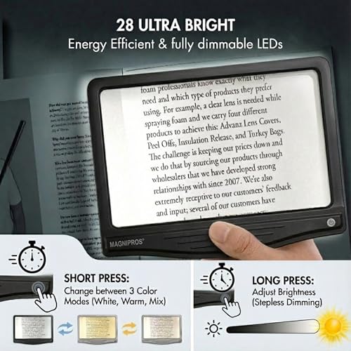MagniPros 5X Rechargeable LED Page Magnifier with 3 Color Light Modes-Black - color: Black