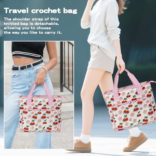 Large Crochet Bag for Yarn Storage - 6-Pocket Knitting Tote Organizer with Eyelets & Elastic Loops, Tear-Resistant Canvas Project Bag for Needles/Hooks, Portable Workstation for Crocheters (Cherry)