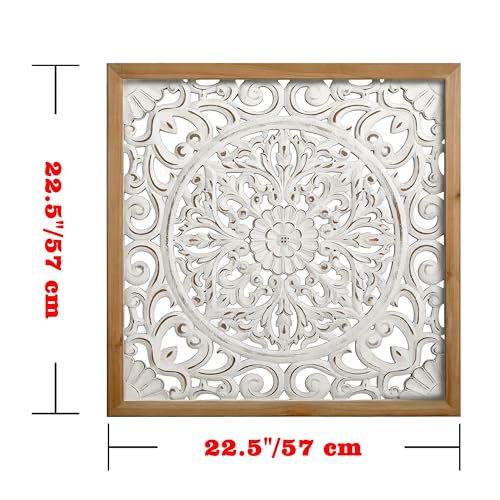 XIAOAIKA Boho Carved Wood Wall Art Panel, Floral Mandala, Distressed White - color: White - 4