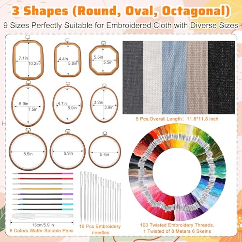 Hotop 138 Pcs Embroidery Kit 9 Hoop 100 Thread 5 Fabric 16 Needles